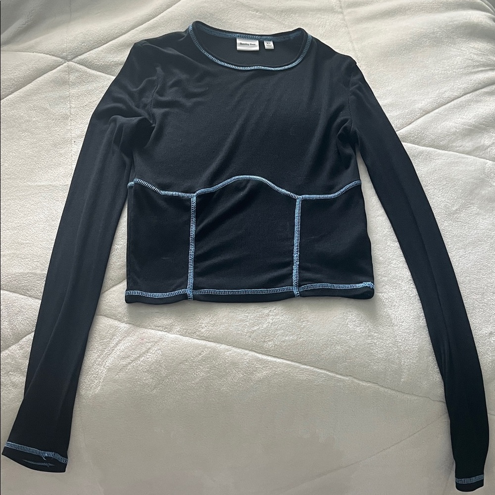 Aritzia Sunday Best Black Long Sleeve Top with Blue Stitching